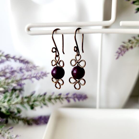 Purple Dyed Quartz Stone Beads Copper Wire Wrap Drop Earrings - Picture 6 of 10
